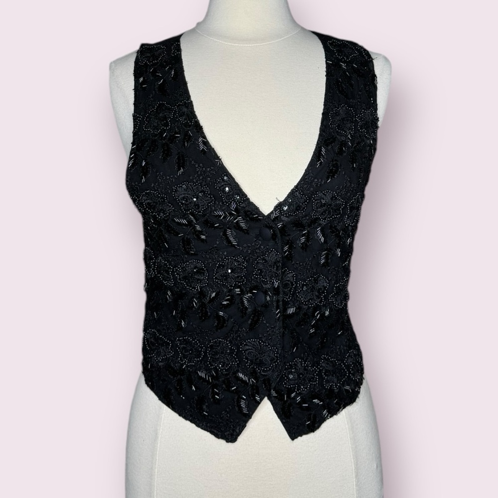 FAITH Black Sequined Beaded Lace Satin Vest – Sparkly Evening Glam